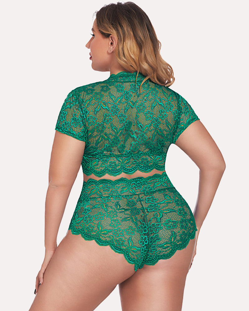 Dark green floral lace lingerie set, back view: V-neck top and scalloped shorts
