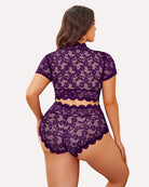 Purple floral lace lingerie set, back view: V-neck top and scalloped shorts