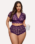 Purple floral lace lingerie set with scalloped trim: V-neck top and high-rise shorts