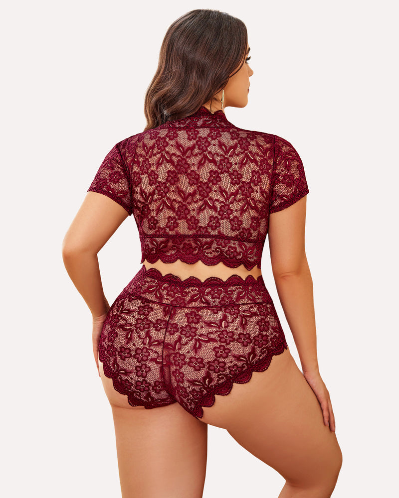 Wine red floral lace lingerie set, back view: V-neck top and scalloped shorts