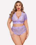 Light purple floral lace bralette and high-waist panty set, plus size