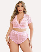 Light pink floral lace bralette and high-waist panty set, plus size
