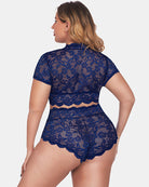 Navy blue lace lingerie set, back view of short-sleeve bralette and high-waist lace shorts