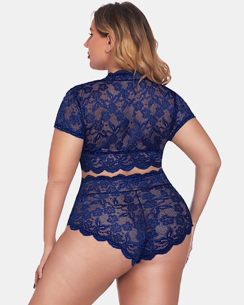 Navy blue lace lingerie set, back view of short-sleeve bralette and high-waist lace shorts