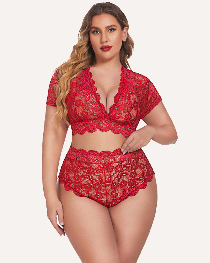 Red floral lace bralette and high-waist panty set, plus size