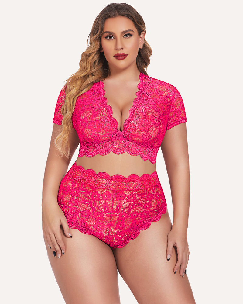 Magenta floral lace bralette and high-waist panty set, plus size