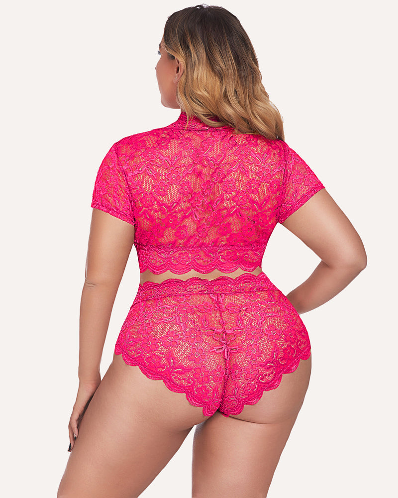 Magenta floral lace bralette and high-waist panty set, rear view, plus size