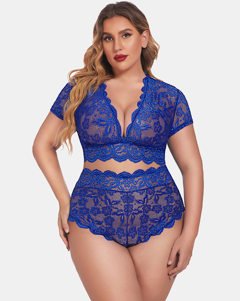 Navy blue lace lingerie set, front view with scalloped V-neck bralette and matching high-waist shorts