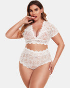 White lace lingerie set with V-neck bralette and matching high-waist lace shorts