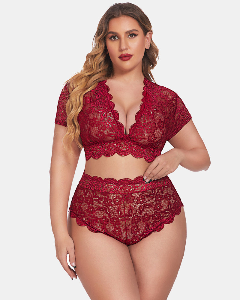 Wine red floral lace lingerie set with scalloped edges: V-neck bra top and shorts