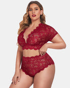 Wine red floral lace lingerie set with scalloped trim: V-neck top and high-rise shorts