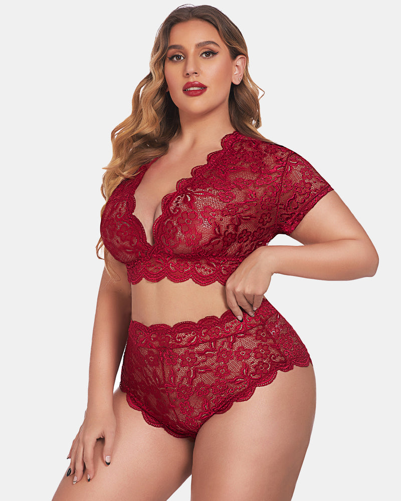 Wine red floral lace lingerie set with scalloped trim: V-neck top and high-rise shorts