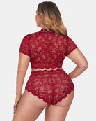 Wine red floral lace lingerie set, back view: V-neck top and scalloped shorts