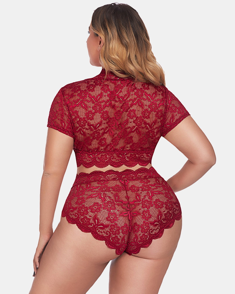 Wine red floral lace lingerie set, back view: V-neck top and scalloped shorts