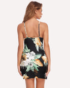 Lace side-slit chemise with open-back straps and tropical floral print