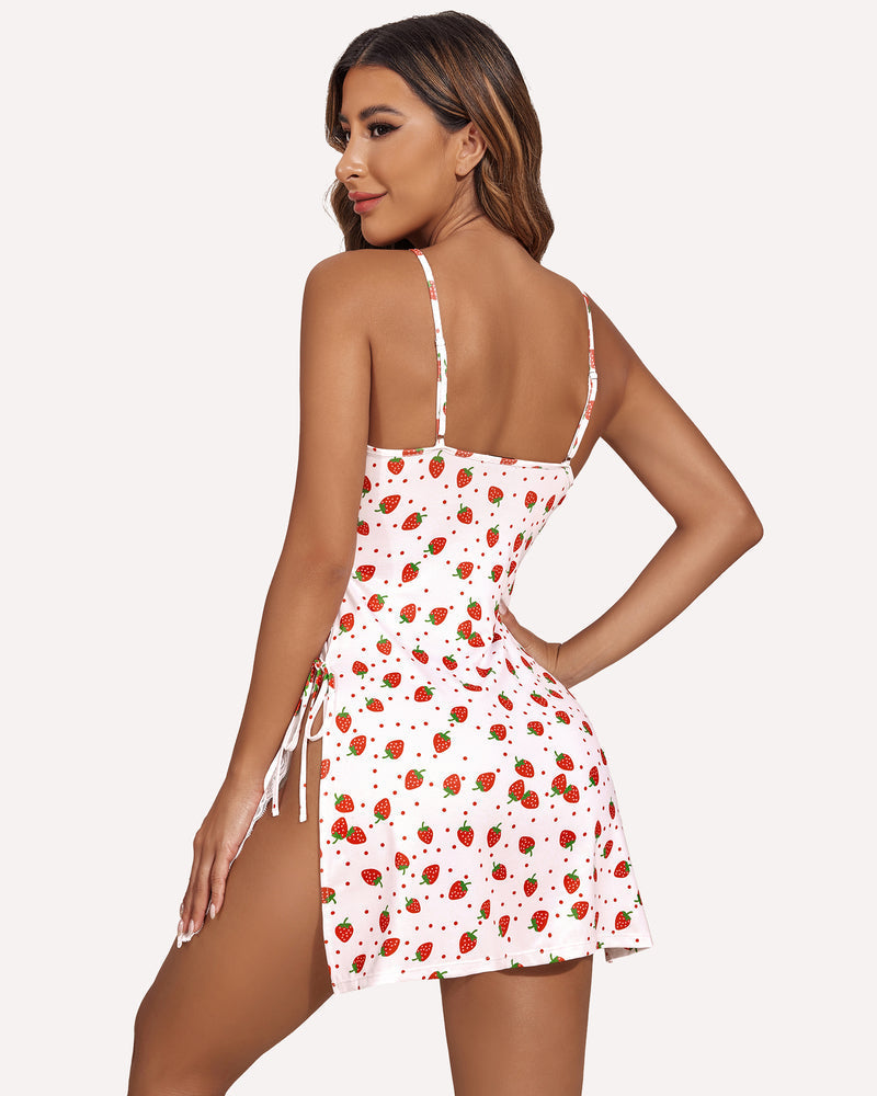 Lace side-slit chemise with open-back straps in strawberry print