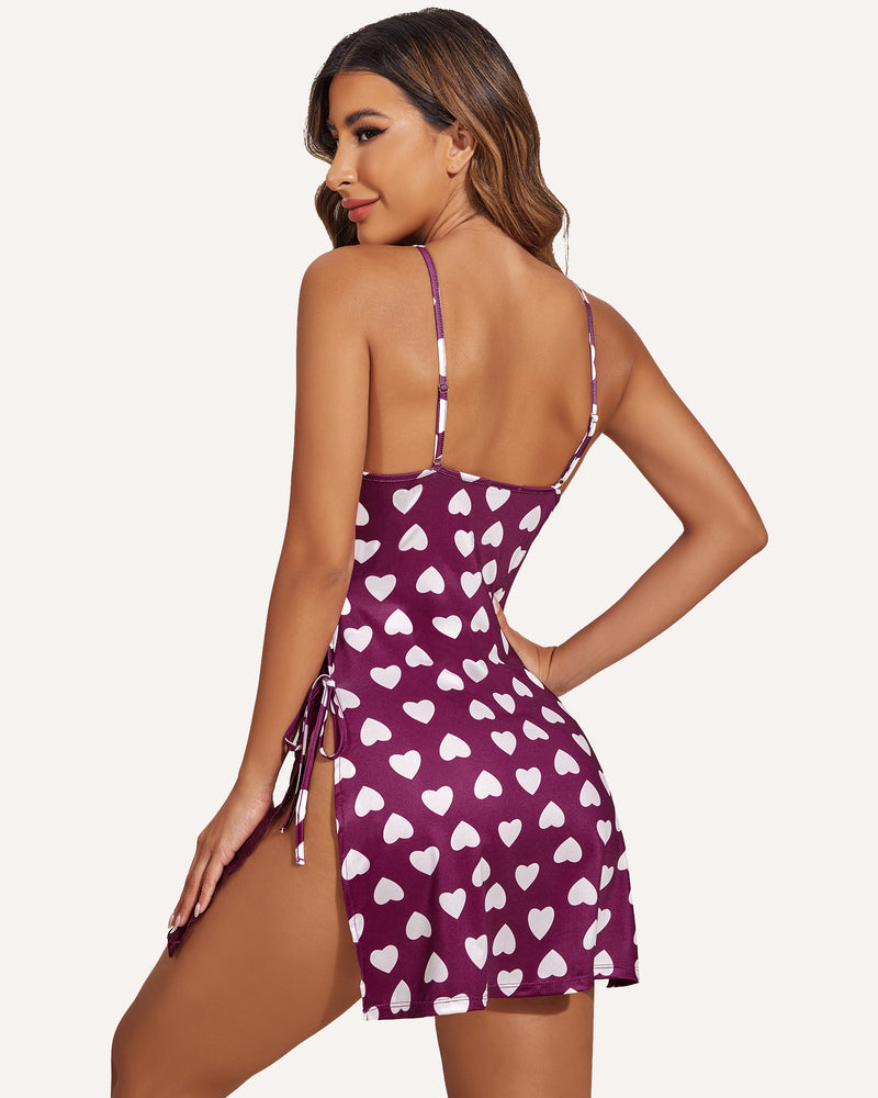 Lace side slit chemise with thong, purple heart print, lace bra cups, tie sides