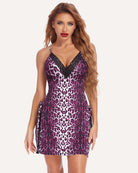 Purple leopard lace chemise with black lace V-neck, thin straps, and side-tie slit.