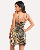 Lace side-slit chemise with spaghetti straps in leopard print with lace trim