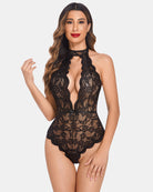 Black lace deep V halter bodysuit with scalloped lace panels and snap-crotch style