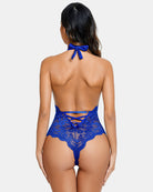 Blue lace bodysuit from back with crisscross strap and scalloped leg opening