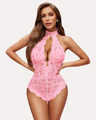 Pink lace deep V snap-crotch bodysuit with high halter neckline