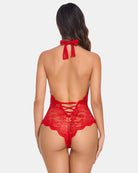 Red lace bodysuit back view with snap crotch and tie at neckline