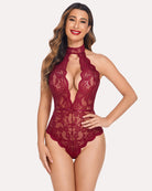 Burgundy lace deep V bodysuit with high neck and snap crotch