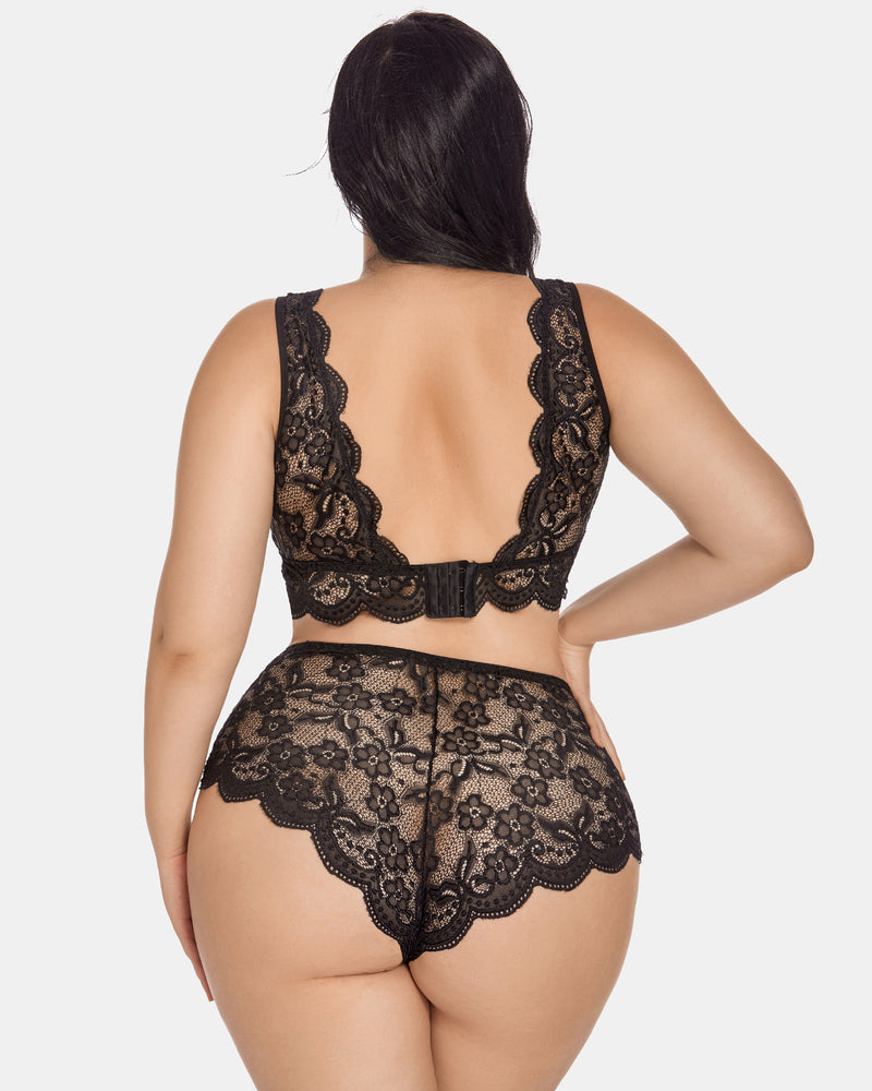 Black lace halter bra and high-waist panty set, open-back straps view
