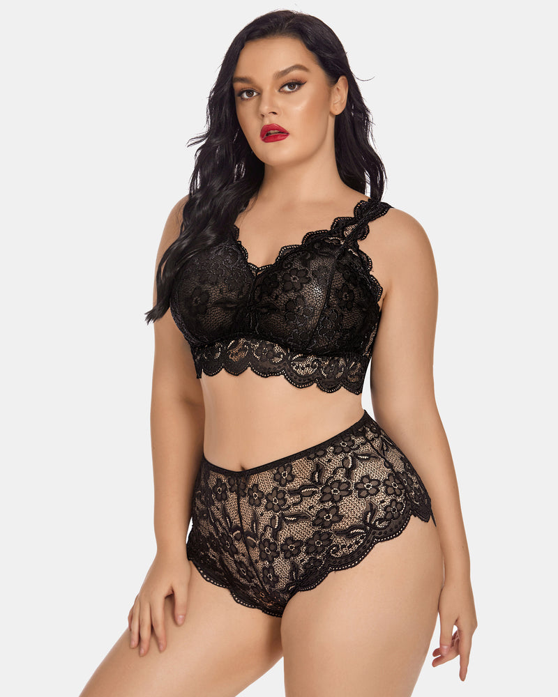 Black lace halter bra and high-waist panty set, floral lace pattern