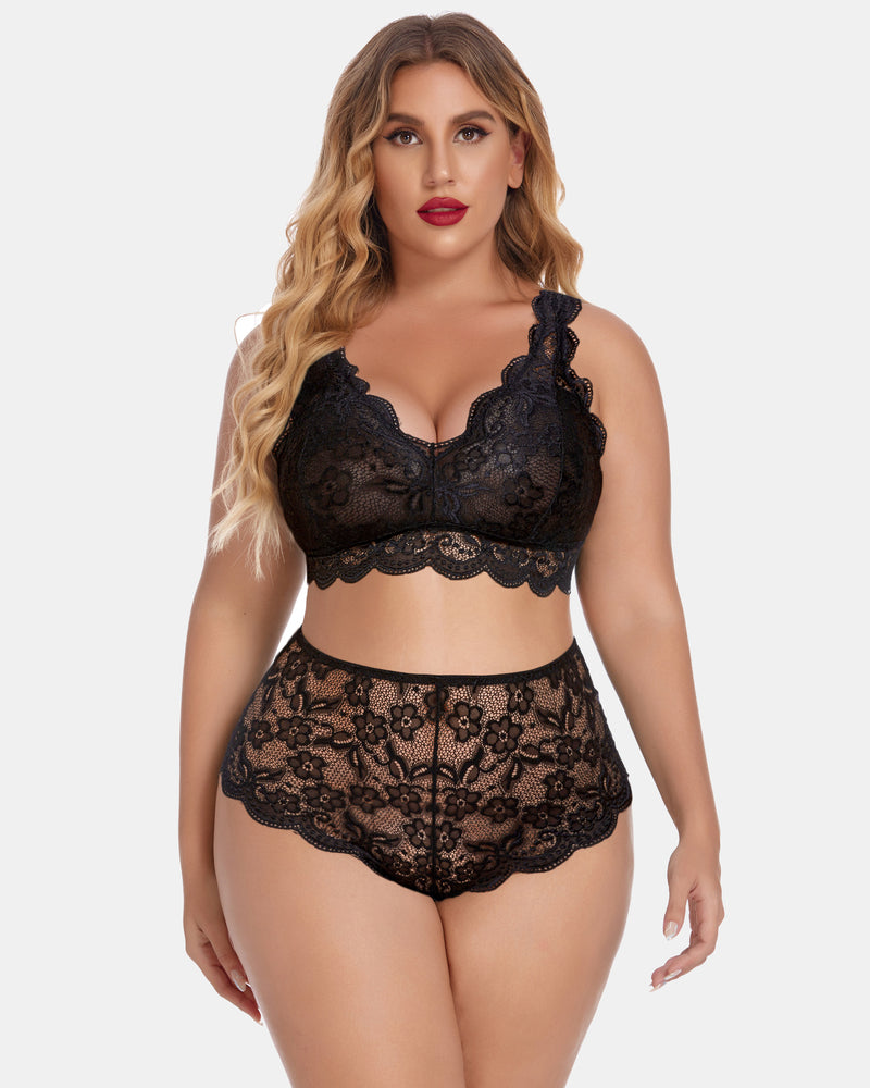 Black lace halter bra and high-waist panty set with scalloped trim