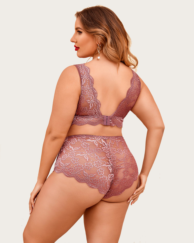 Plus size lace halter bra and high-waist panty set, mauve lace scallops