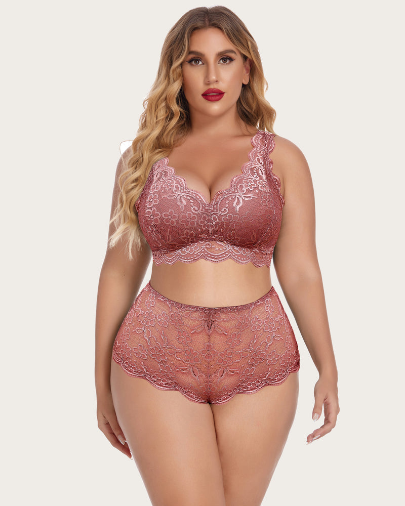 Wine red lace halter bra and high-waist panty set with dotted floral lace