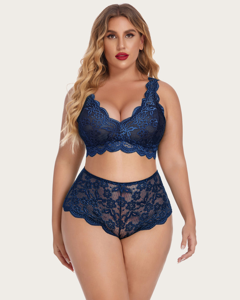 Lace halter bra and high-waist panty set, navy floral lace with scalloped trim