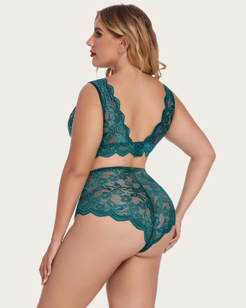 Lace halter bra and high-waist panty set, teal lace back view with scalloped hem