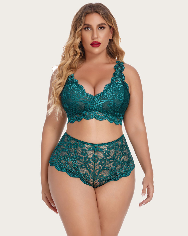 Lace halter bra and high-waist panty set, teal floral lace with scalloped edges