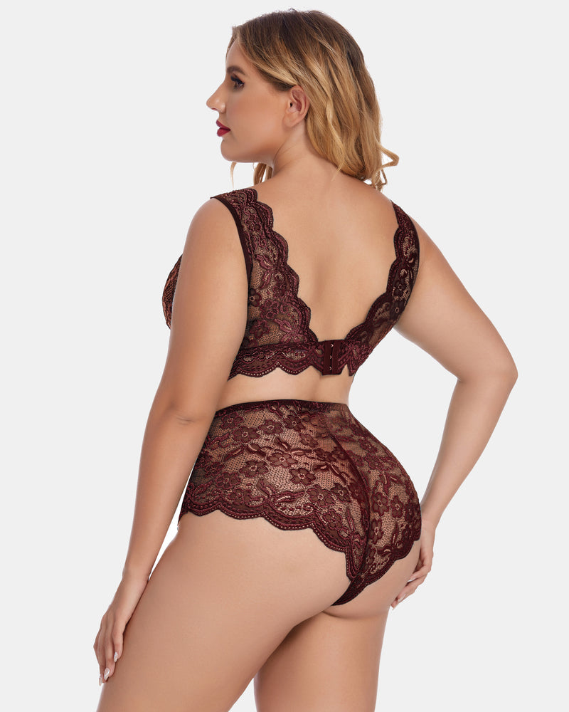 Wine red lace bra and high-waist panty set, open-back strap detail