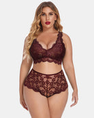 Wine red lace halter bra and high-waist panty set with scalloped edges