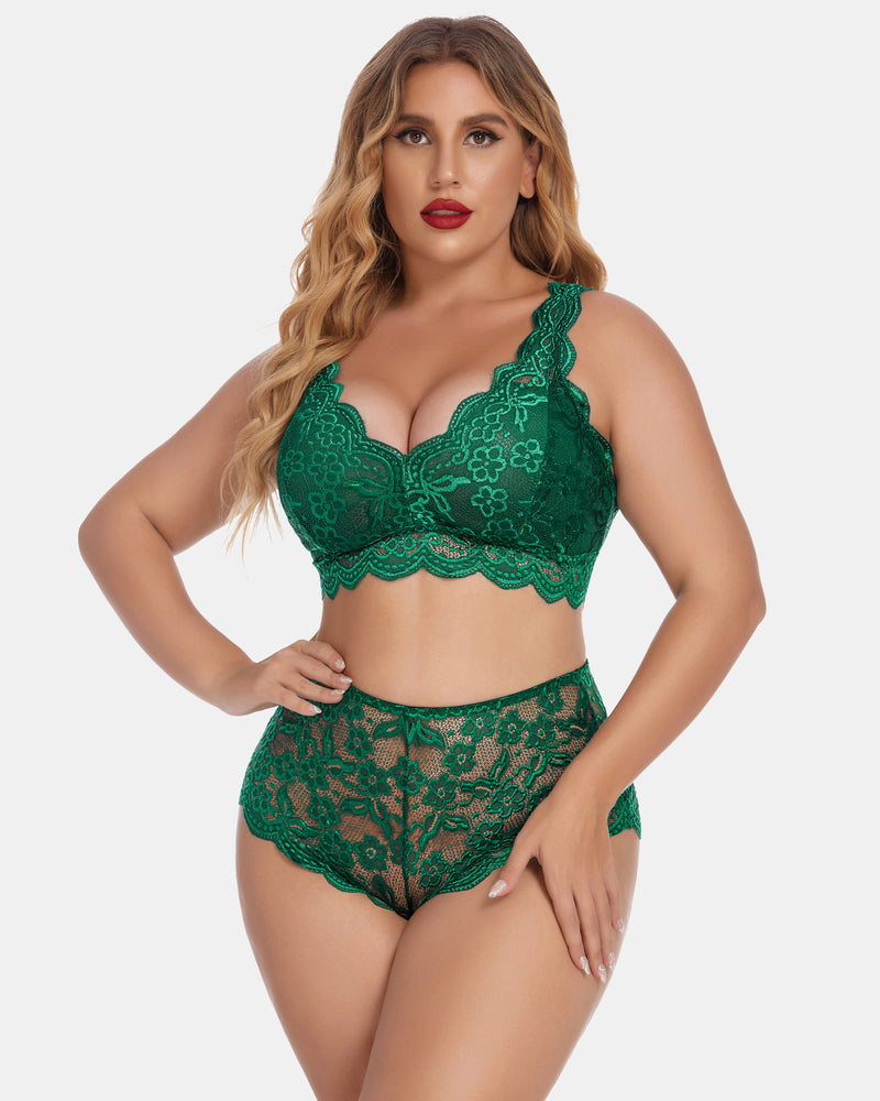 Dark green lace halter bra and high-waist panty set with scalloped trim