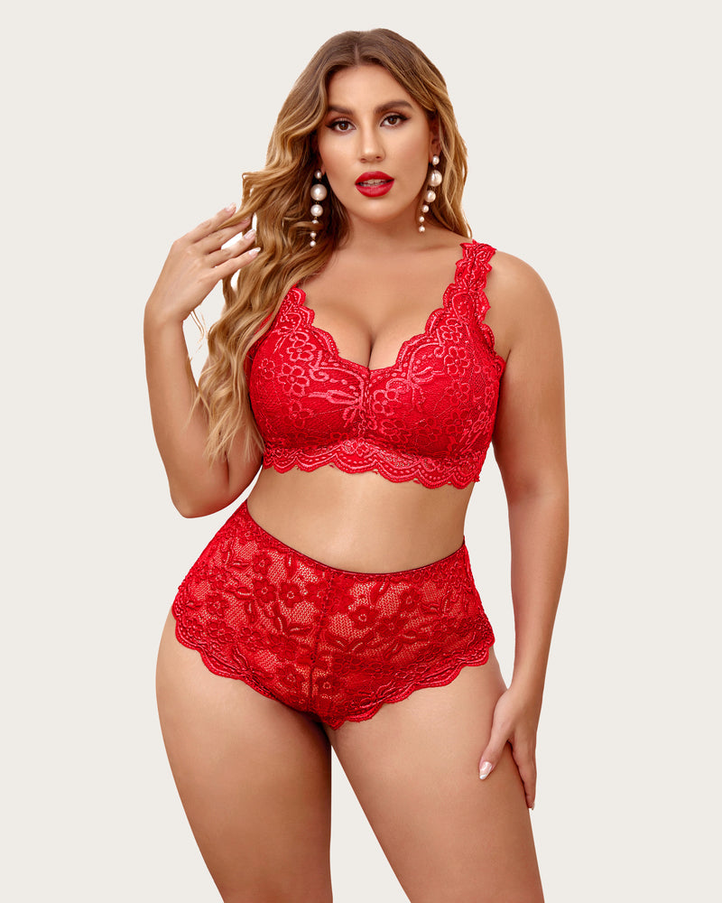 Lace halter bra and high-waist panty set, red floral lace with scalloped trim