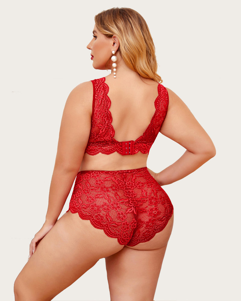 Lace halter bra and high-waist panty set, red lace back view with scalloped hem