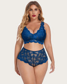 Lace halter bra and high-waist panty set, blue floral lace with scalloped edges