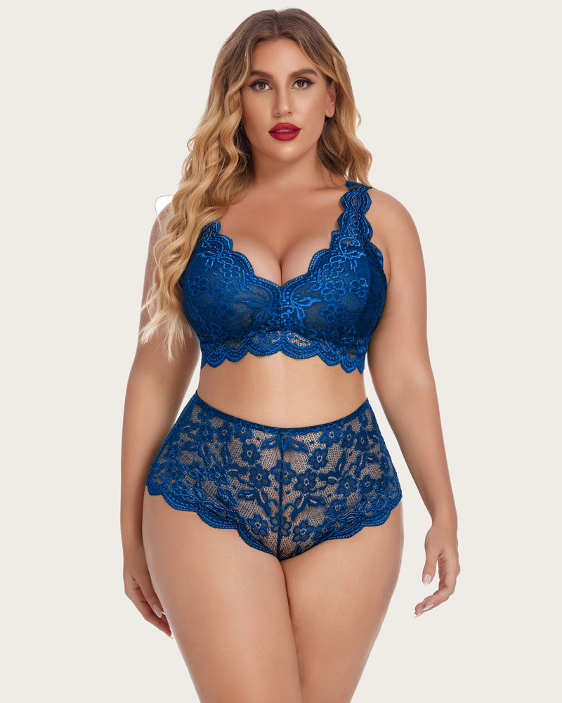 Lace halter bra and high-waist panty set, blue floral lace with scalloped edges
