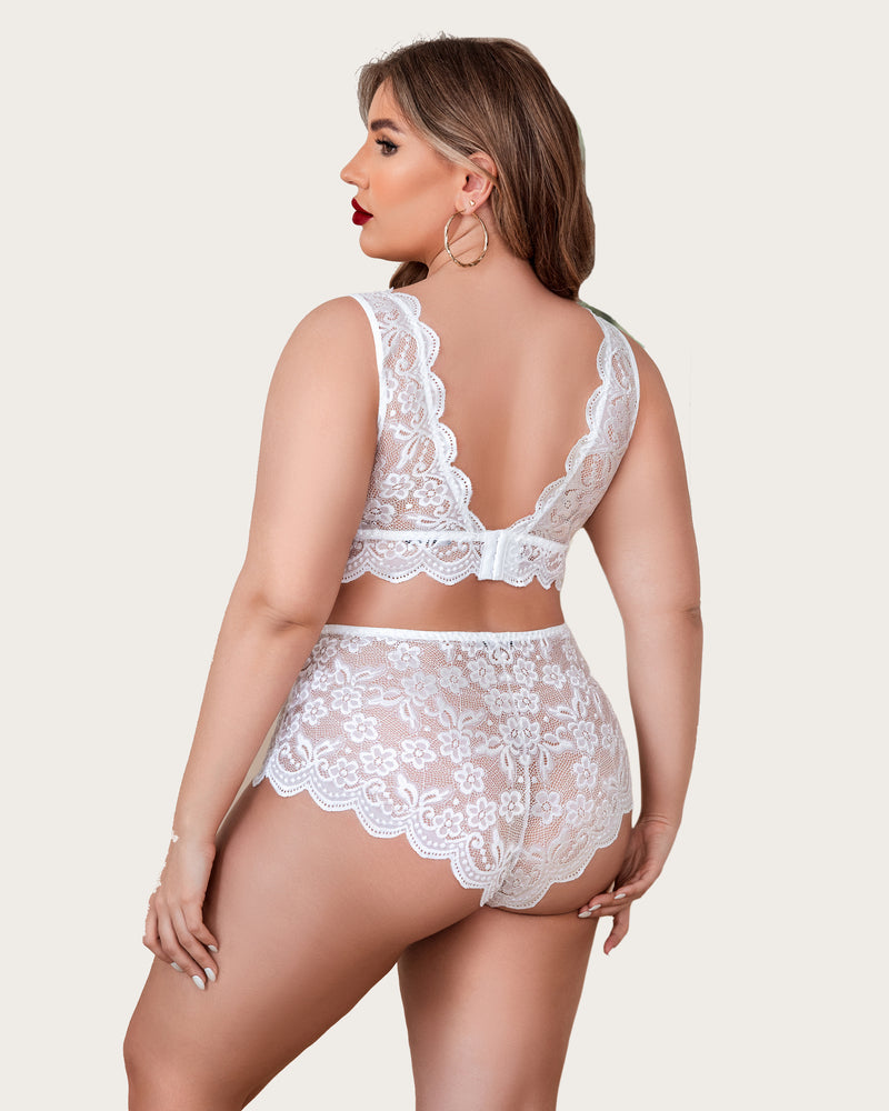 White lace halter bralette and high-waist panty set with floral scalloped trim