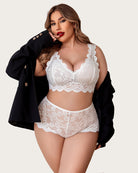 White lace balconette bra and high-waist panty set with floral scalloped edges