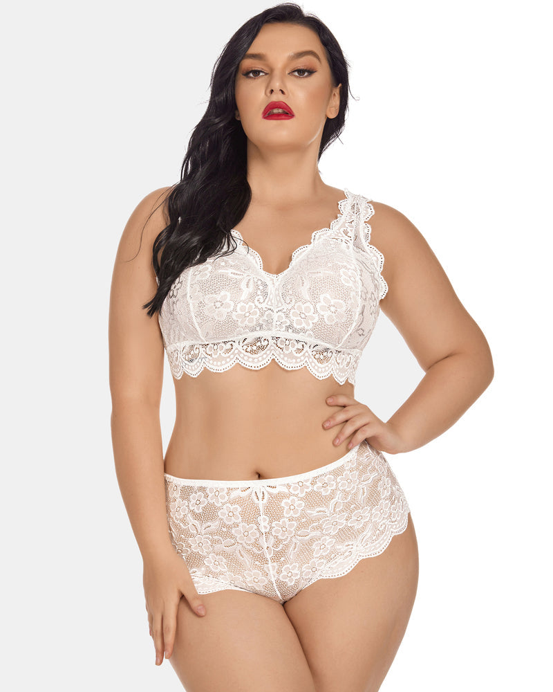 White lace halter bra and high-waist panty set with embroidered floral detail
