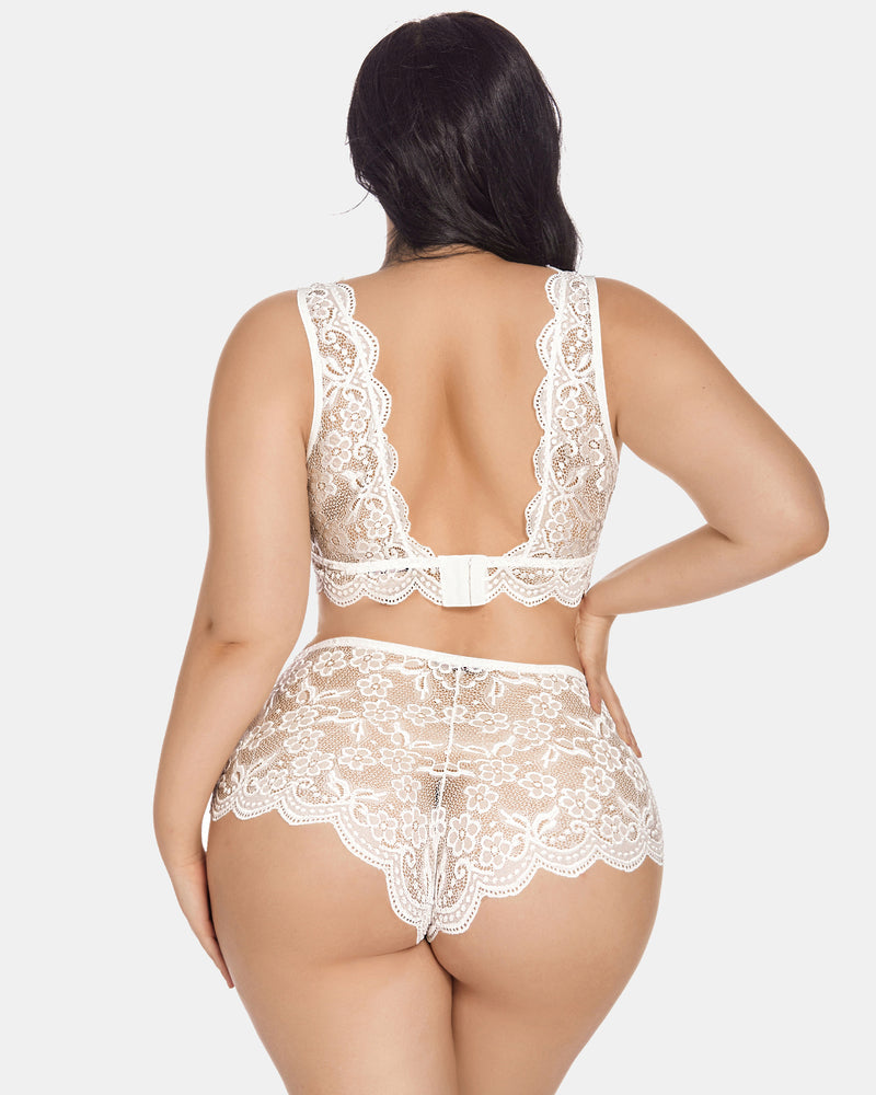 White lace halter bra and high-waist panty set, open-back straps view