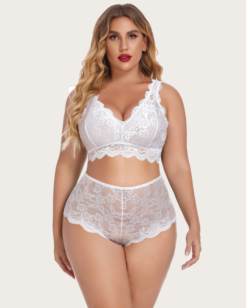 Lace halter bra and high-waist panty set, white floral lace with scalloped edges