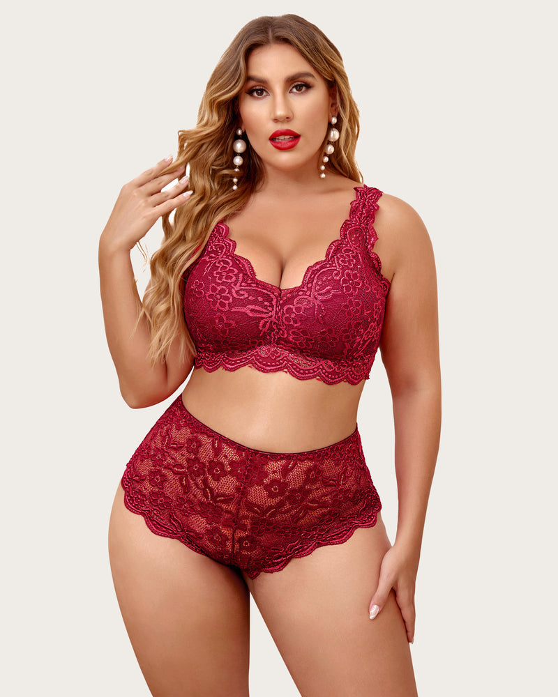 Wine red lace halter bra and high-waist panty set with floral scalloped trim