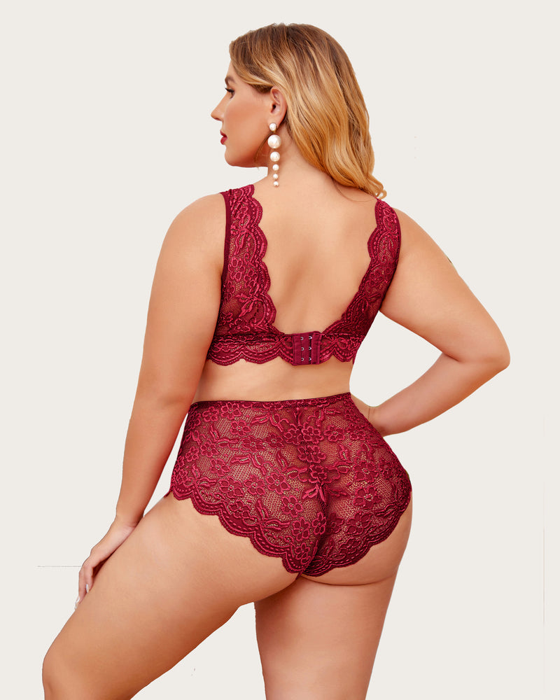 Wine red lace halter bralette and high-waist panty set, back view